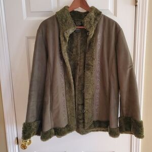 Dennis Basso faux fur green celtic eye hook jacket womens Large